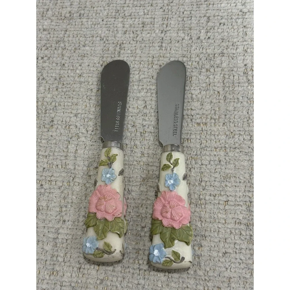 Pfaltzgraff Tea Rose‎ Floral Spreaders Set of 2 Dip Jam Cheese Knives